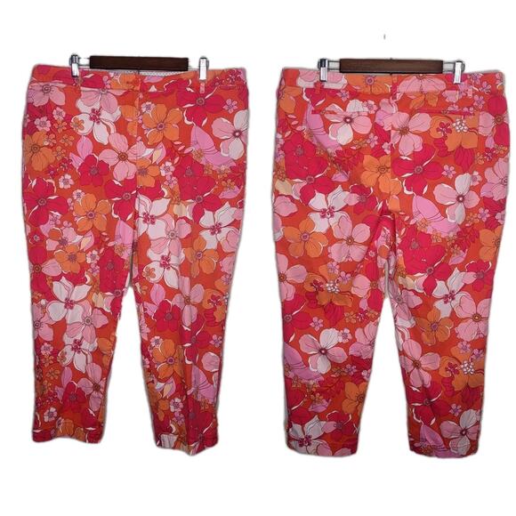 Talbots Sz 18‎ Red Orange Floral Tossed Flowers Perfect Crop Pants Stretchy - Picture 2 of 10